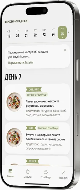 Weekly menu screen of the What to Eat app